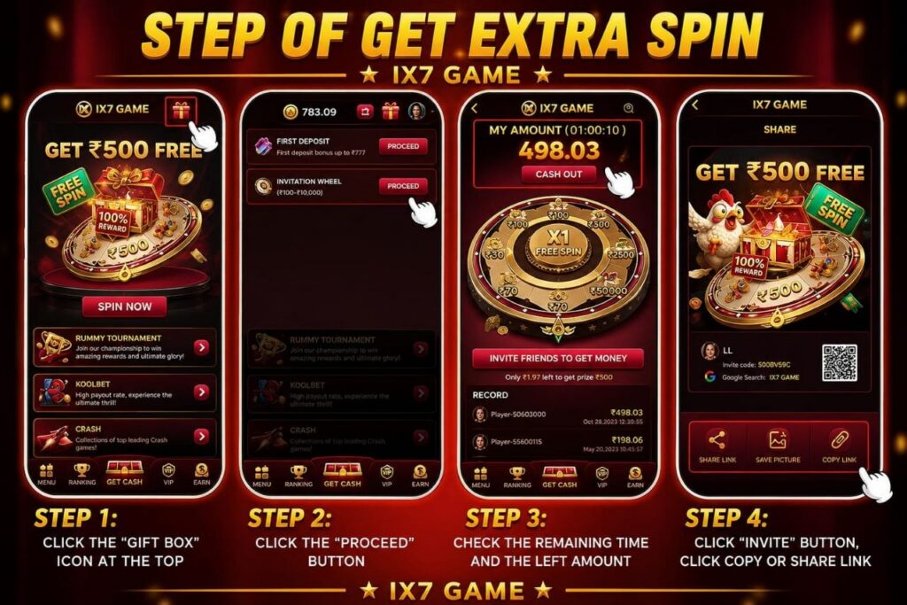 IX7 gaming platform dashboard displaying rewards, bonuses, and account options.