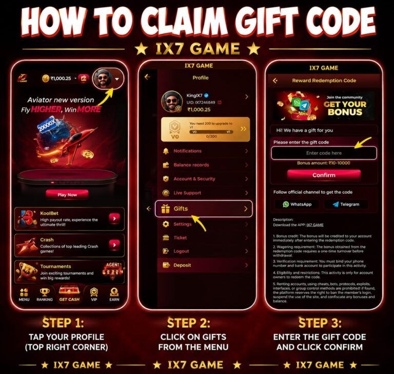 IX7 Game homepage with modern design, promotional banners, and gaming categories.